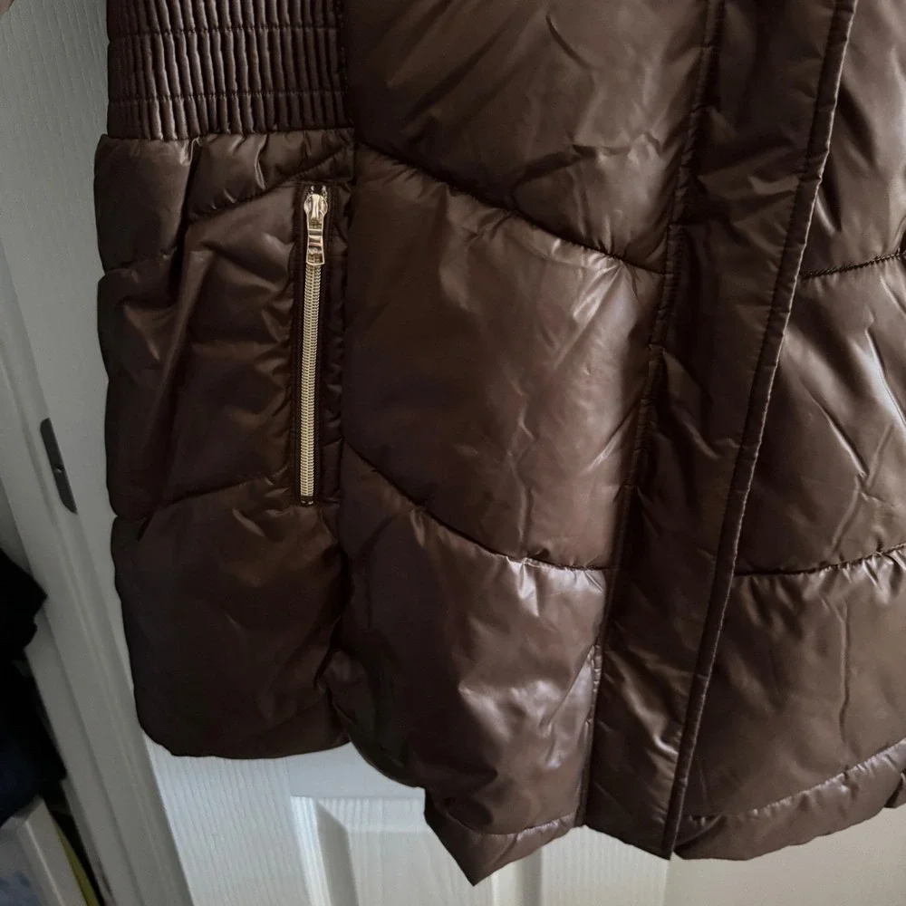 30 First Brown Puffer Parka Faux Fur Hood Cinched Waist Winter Coat Womens 3XL